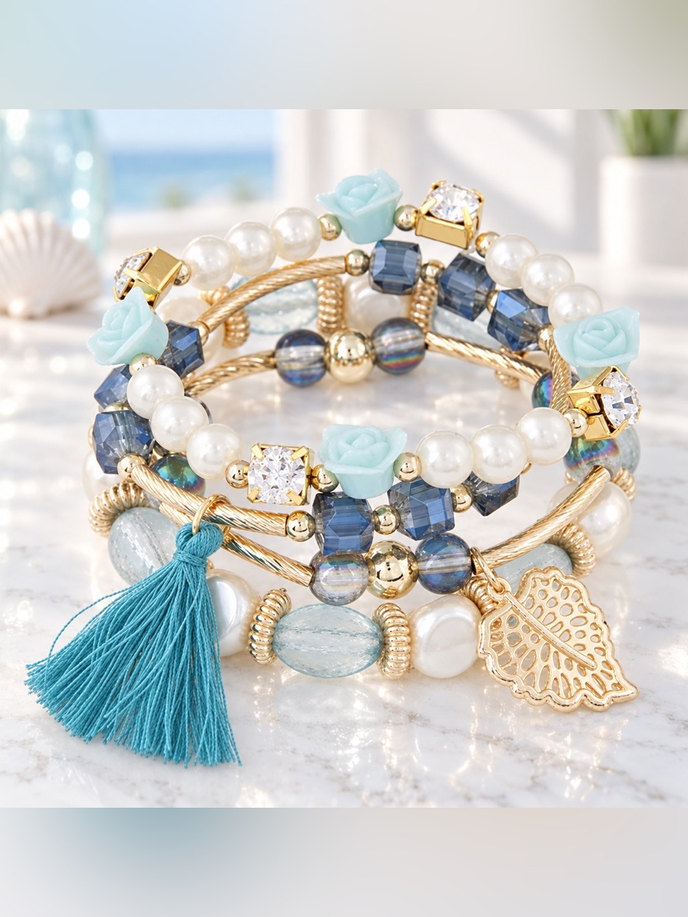 Blue White Gold Boho Layered Bracelet Set Faux Pearl Rose Tassel Crystal NEW
